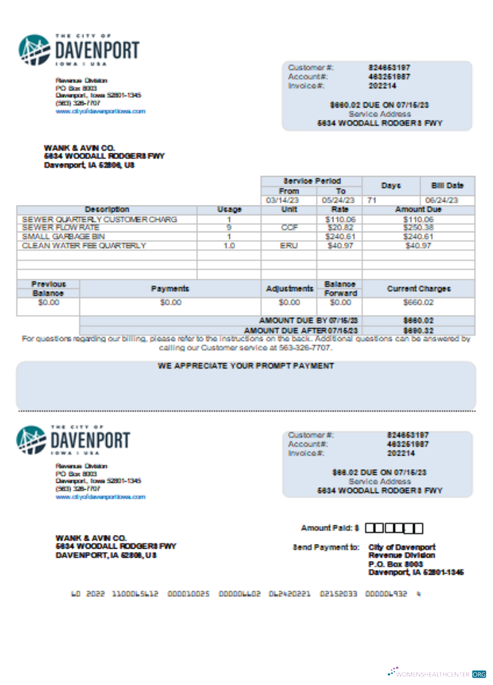 Download Iowa City of Davenport utility business bill, Word and PDF template scr Photoshop template